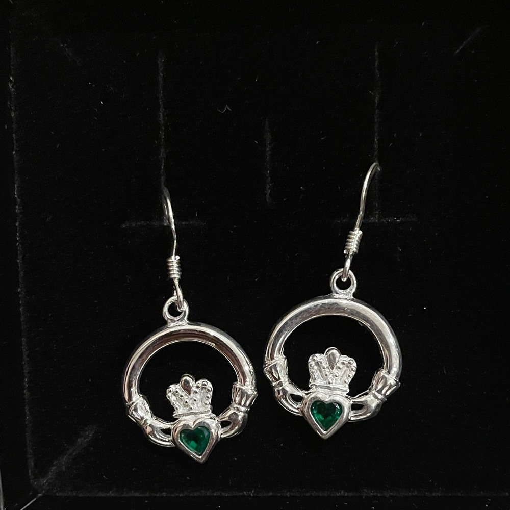 925 Sterling Silver and Green Claddagh Earrings